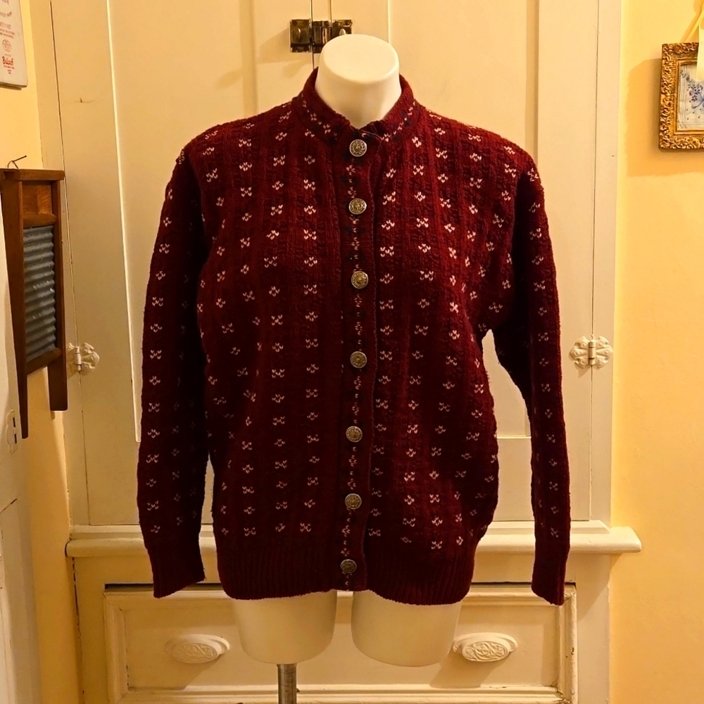 Alps women's Fine Apparel burgundy woven print wool/nylon cardigan Sz L